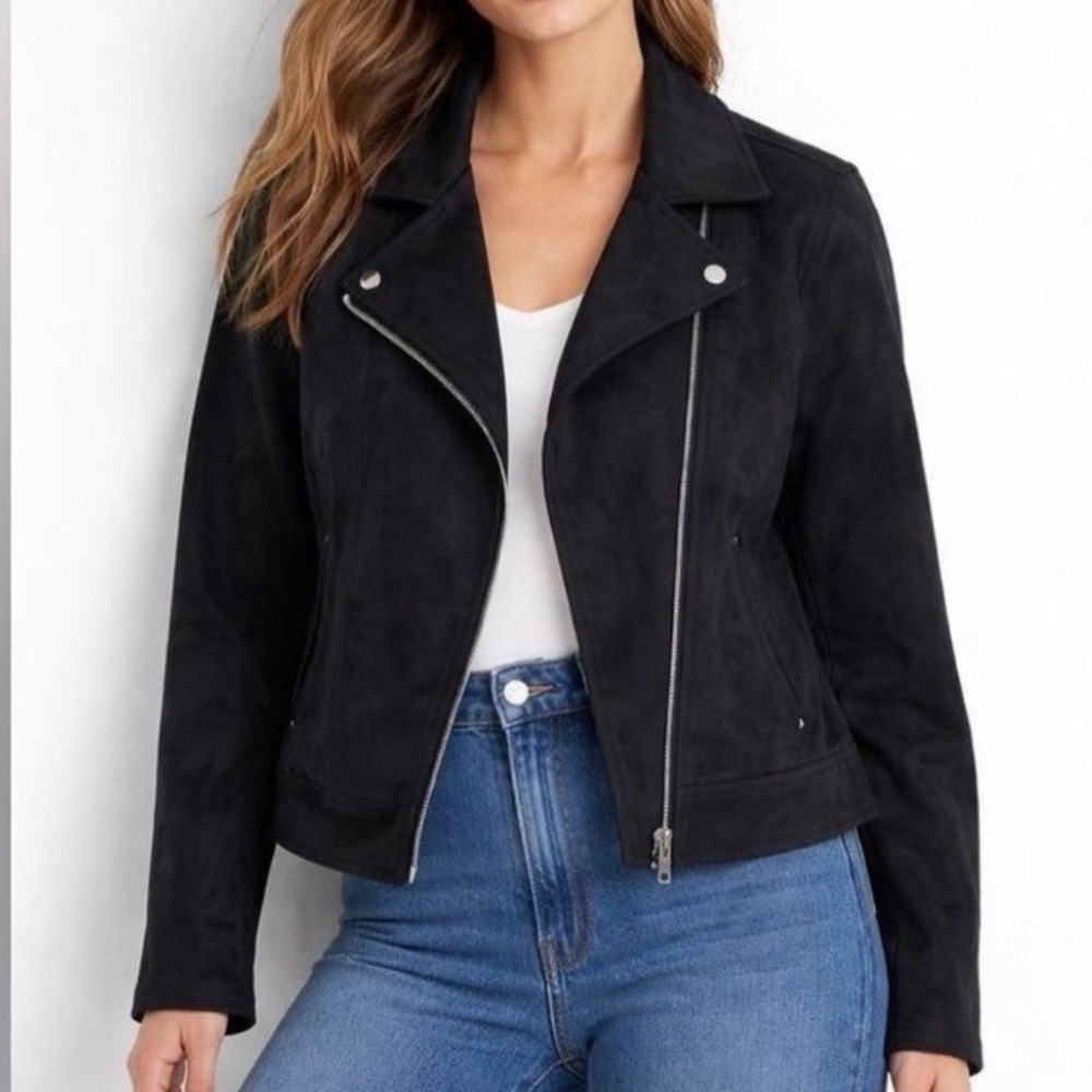 Old Navy Women S Black Faux Suede Moto Jacket Biker Asymmetrical Zip Stretch